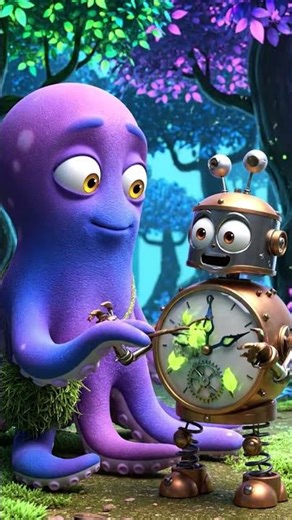 Octopus and Robot Clock Explore Glowing Forest