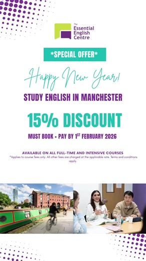 Book now and receive 15% discount on all full-time and intensive courses! This is your sign to study English in Manchester this 2026! Visit the link in our bio for more information 🔗 #studyabroad #internationalstudent #learnenglish #manchester