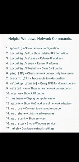 Helpful Windows Network Commands You MUST Know! 🔥 Network issues? Slow internet? 😩 Use these powerful CMD commands to troubleshoot like a pro! 🚀👇 💡 Essential Commands: 🔹 ipconfig – View IP configuration 🔹 ipconfig /all – Detailed network info 🔹 ipconfig /release – Release IP address 🔹 ipconfig /renew – Renew IP address 🔹 ping – Test connectivity 📡 🔹 tracert – Trace route to destination 🔹 nslookup – Check DNS resolution 🌐 🔹 netstat – View active connections 🔹 arp -a – Display ARP