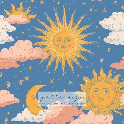 Celestial Sun Moon Pattern Digital Paper – Vintage Astrology Illustration With Clouds and Stars, Seamless Cosmic Design - Etsy UK