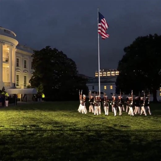 Earlier this evening, the U.S. Marine Corps Silent Drill Platoon performed on the South Lawn of the White House. President Trump said it was an honor to host the platoon and presented each member with a challenge coin. | U.S. Naval Institute