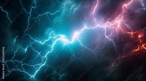 A powerful blue lightning bolt illuminates the dark night sky, creating an electrifying and dramatic atmosphere during a fierce storm.