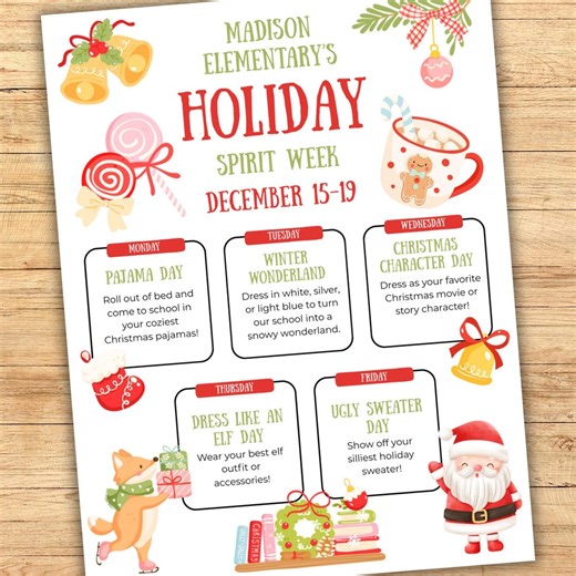 Christmas Spirit Week Flyer, Editable School Event Itinerary, Customizable Holiday School Spirit Week Poster, Christmas School Events - Etsy