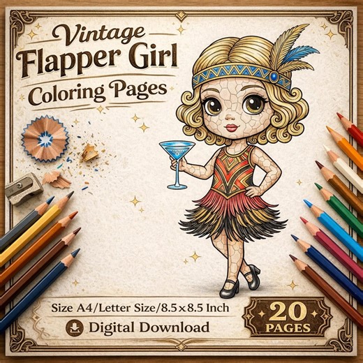 1920s Flapper Girl Coloring Pages, Art Deco Printable (digital Download, 8.5x11, A4, 8.5x8.5 Inches) - Etsy