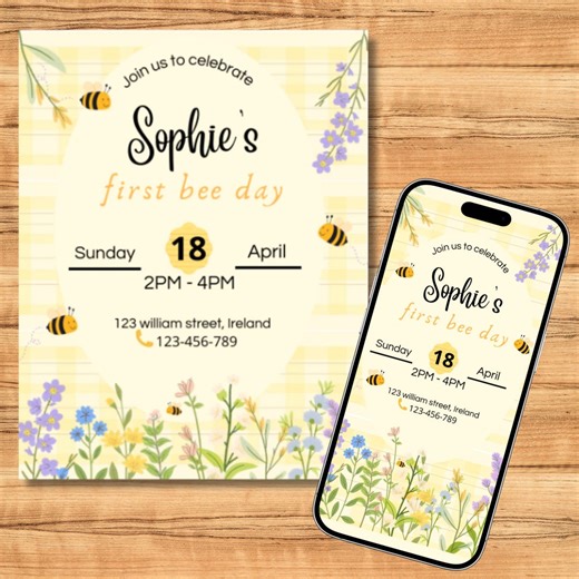 First Bee Day Invitation Template | Editable 1st First Birthday Invite | Canva Template - Etsy