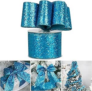 AIMUDI Turquoise Blue Christmas Ribbon Wired 2.5" Teal for Tree Decorations, Glitter Crafts, Wreath Supply, Bows Making, Home Decor, Gift Wrapping - 10 Yards