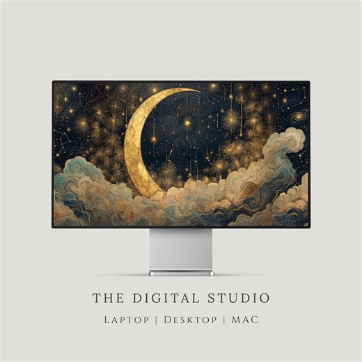Celestial Moon Desktop Wallpaper, Vintage Night Sky, Aesthetic Gold Crescent Moon and Stars Whimsical Background (desktop, Laptop & Macbook) - Etsy Australia