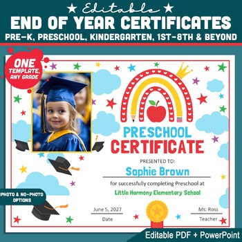 End of Year Certificates, Editable Graduation Awards for Preschool & Beyond