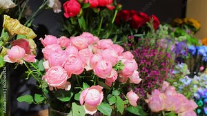 Flowers in the window of a flower shop. Various types of flowers