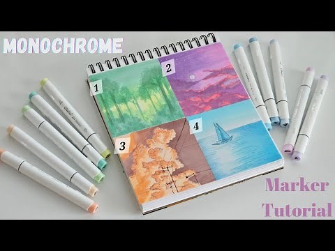 4 Monochrome Landscape drawings Alcohol Marker Tutorial / Ohuhu Pastel Markers