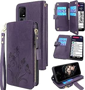 Lacass Case for Jitterbug Smart4,[Cards Theft Scan Protection] Card Holder Zipper Wallet Case Flip Leather Cover for Jitterbug Smart 4 (2023) for Seniors (aka Lively Smart) (Floral Dark Purple)