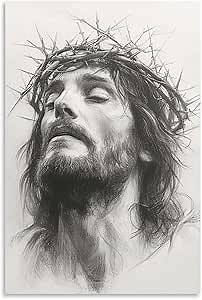 DuduYH Jesus Persecution Wall Art Crown of Thorns Christ Poster God Lord Painting Religious Canvas Prints Picture for Church Bedroom Decor (04- pencil sketch,16x24inch-Unframe)