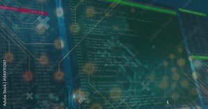 Pulsing nodes building network, globe emerging, bars sliding, code scrolling, visualizing interface