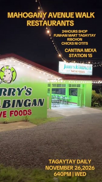 Here is the list of restaurants on Mahogany Avenue in Tagaytay: Ribchon Jerry’s Kambingan Native Food Ryza Mae Bulalo Station 15 Cantina Mexa Tito Bees Eatery Tawilis Viewpoint Restaurant Kristines Tapsilogan Funham Korean Mart Mahogany Beef Market & Bulalohan Senor Alvino's Bulalo and Ihaw Ihaw Liesils Restaurant Cafe Arabica Tagaytay Chicks ni Otit Viewsite Restaurants Lobster Tagaytay Jollibee Mahogany Sinauna Manukan and SeaFoods Tagaytay Heights T-Bone King Steak and Grill Coffee Authority 