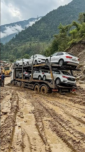 🚨 Car Transporter Disaster! Loaded Truck Stuck Deep in Mountain Mud Road 🚛 #shortvideo#truck