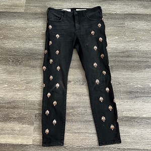 Anthropologie Pilcro Black Script Embellished Skinny Jeans Size 29