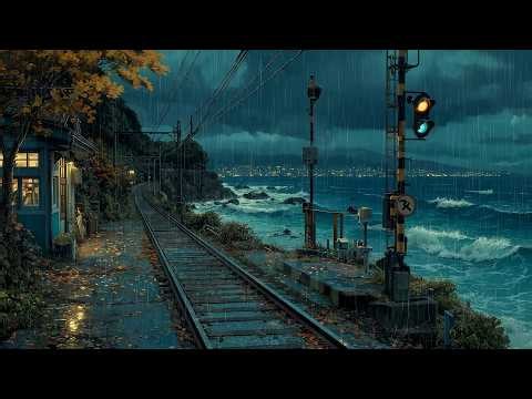 [4K Lofi Rain] Rainy Autumn Coastline 🍁 Heavy Rain & Ocean Waves for Deep Sleep, Focus & Study