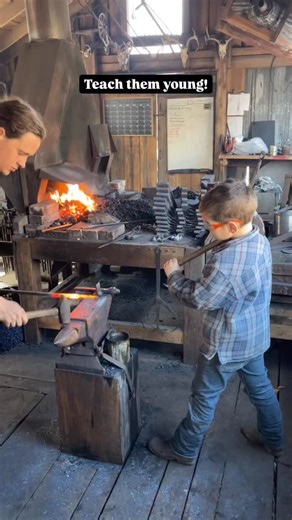 Jordan Goodwin on Instagram: "Elijah and Travis forging a crucifixion nail. Travis (7) and his brother Alan (11) both have been begging to learn some sledge work, so Elijah and I have been trying to work in some practice for them occasionally. I’d say Travis is doing all right with that 6lb sledge! . . #Blacksmith #sledgehammer #hammerandanvil #handforging #handforgednails #smithandstriker #homeschooling #homeeducation"