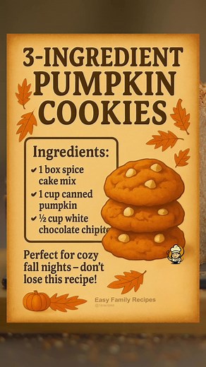 When the leaves start turning, these 3-ingredient pumpkin cookies are the first thing I bake. 🎃 No mixer, no mess — just that warm, spiced smell that fills the kitchen and feels like home. 🍪 3-Ingredient Pumpkin Cookies • 1 box spice cake mix • 1 cup canned pumpkin • ½ cup white chocolate chips 1️⃣ Preheat oven to 350°F and line a baking sheet. 2️⃣ In a bowl, mix cake mix and pumpkin until smooth. 3️⃣ Fold in white chocolate chips. 4️⃣ Drop spoonfuls onto baking sheet. 5️⃣ Bake 12–15 minutes u