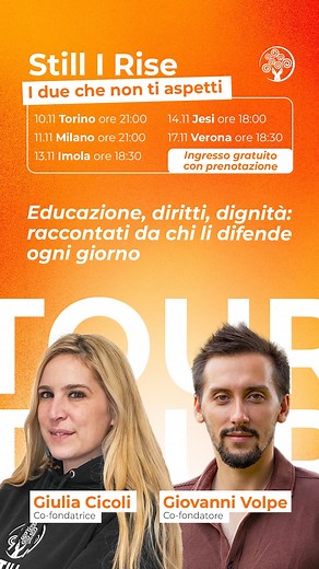 "Da piccoli sognavamo tutt'altro. Eppure eccoci qui." Giulia voleva fare la hostess, l’insegnante, persino la pompiera. Giovanni aveva in mente un hotel chiamato Good Times e, sì, anche la carriera da cecchino (per fortuna ha cambiato idea 😅). Oggi invece, aprono Scuole d’eccellenza nel cuore delle crisi umanitarie nel mondo. E raccontano tutto questo nel tour "Still I Rise - I due che non ti aspetti". ✨ Siamo a metà strada. Grazie a chi è già venuto a conoscerci a Torino, Milano: siete stati t