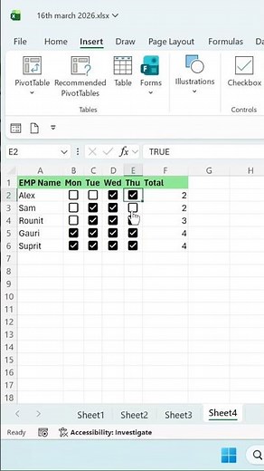 Attendance sheet in Excel using Check boxes ☑️ #excel #microsoftexcel #excelshorts