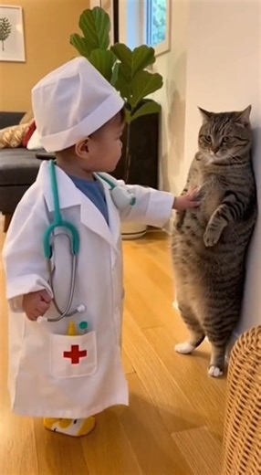 Doctor Baby Bindas Warning the Cat 😂🐱👶 | Funniest Real Home Video Aaj ka sabse cute drama! 🤣💖 Mera chhota Doctor Baby full serious mode mein ghar ka “check-up” kar raha tha… Aur bechari cat, wall ke saath dono paon pe khari hogayi — bilkul guilty criminal jaisi! 😂🐱 Baby: “Bad kitte… lissen phussy cat! Don’t touch my toys and don’t eat my food… understand? I’m Doctor Baby Bindas! Or I will send you out of the house!” Cat: “meoww… meoww…” (translation: I’m sorry doctor 😭) Handheld home-vid