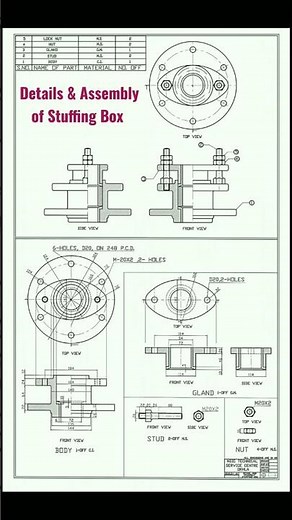 A Details And Assembly Drawing of Stuffing Box Draw By Mobile App All Functions are CAD software.