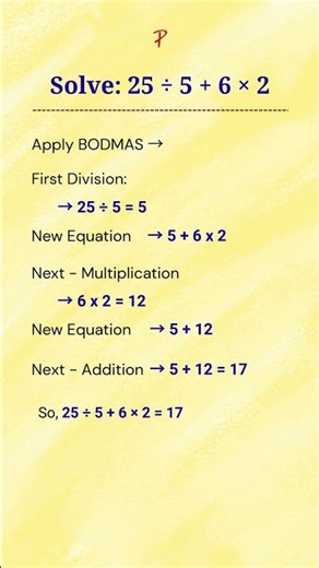 Solve 25 ÷ 5 + 6 × 2 | BODMAS Rule Explained Step by Step #shortsvideo