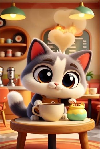 Pixar-Style Cat Enjoys a Cozy Retro Cat Café