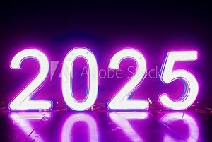 Neon sign vector. Design element '2025' number template neon icon, light banner, neon sign, night bright advertisement, light inscription. Generative AI
