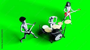 Funny alien rock band. Bass, drum, guitar. Realistic motion and skin shaders. 4K green screen footage.