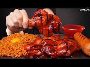 ASMR MUKBANG | SPICY BBQ CHICKEN 🍗 FIRE NOODLES SAUSAGE EATING SOUND 불닭볶음면 로스핀 핫데블 치킨 소세지 소스 듬뿍! 먹방