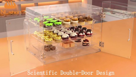 NLShan Commercial Countertop Bakery Display Case, 3-Tier Pastry Display Case, 22.2" x 16" x 16" Acrylic Bakery Display Box with Front & Rear Doors, Serving Tong for Bread, Cookie Cupcake