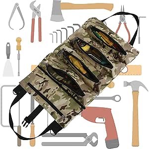 YGYQZ Rolling Tool Bags for Men – Big Capacity Portable Tools Roll Up Organizer Gifts Canvas Pocket Thicken Wearable Store Wrench Screwdriver Bolts Hammers Nails (small, camouflage)