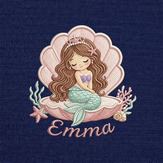 Cute Mermaid Embroidery Design, Personalized Name Emma, Pastel Sea Princess Shell Frame, Baby Girl Nursery Decor File - Etsy