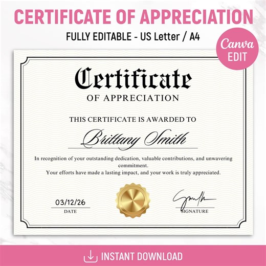 Certificate of Appreciation Template, Certificate Template, Editable Appreciation Certificate, Certificate With Gold Seal, Canva Editable - Etsy