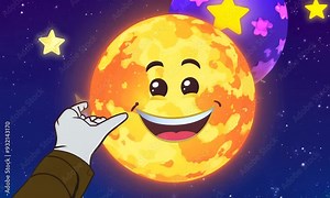 A cartoon space mission where the planets and stars are alive.