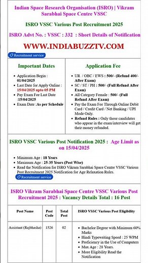 ISRO Vikram Sarabhai Space Centre VSSC Assistant, Driver, Fireman, Cook Recruitment 2025 Apply #job