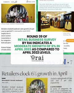 According to round 39 of RAI’s Retail Business Survey, retail businesses across India reported a growth of 6% in sales in April 2023 compared to April 2022. In response to the survey findings, Kumar Rajagopalan, CEO, RAI, mentioned that while there was a 6% growth we will still have to see if the growth can get into double digits in the coming months to draw a definite conclusion. #Sales #Increase #Survey #RetailSales #BusinessSurvey #RAIforIndianRetail #RetailMatters #Retailer #Brand #OnlineRet