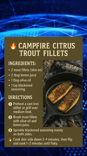 🔥 Campfire Citrus Trout Fillets Fresh, zesty, and lightly smoky — these trout fillets bring a bright burst of flavor to any riverbank cookout. Ingredients: • 2 trout fillets (skin on) • 2 tbsp lemon juice • 1 tbsp olive oil • 1 tsp blackened seasoning Directions: 1️⃣ Preheat a cast iron skillet or grill over medium heat. 2️⃣ Brush trout fillets with olive oil and lemon juice. 3️⃣ Sprinkle blackened seasoning evenly on both sides. 4️⃣ Cook skin-side down 3–4 minutes, then flip and cook 1–2 minut
