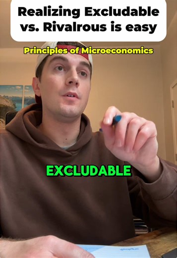 What to know for your “Types of Goods” unit in Microeconomics: - You have to pay for EXCLUDABLE goods to consume them. Otherwise, you’re “excluded” from consumption. - There’s a limited quantity of RIVALROUS goods available. You have to “compete” with fellow consumers for consumption. Here’s the 2x2 excludable vs. rivalrous grid of the 4 goods you need to know: 1) PRIVATE GOODS — excludable & rivalrous 2) PUBLIC GOODS — non-excludable & non-rivalrous 3) COMMON RESOURCE GOODS — non-excludable, bu