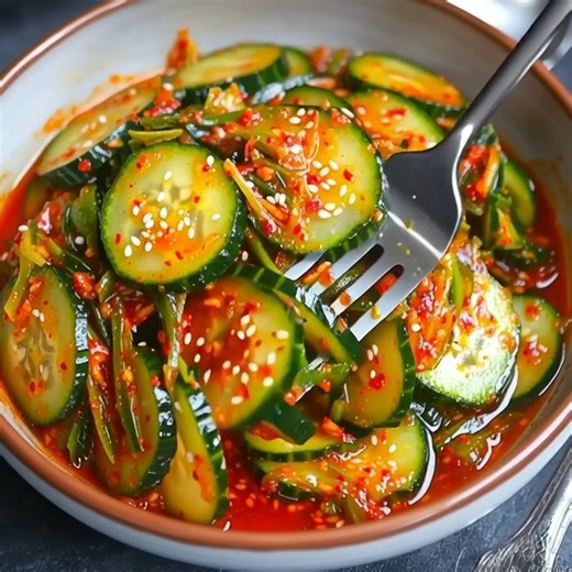 This refreshing Crispy Cucumber Kimchi Recipe features crunchy cucumber slices tossed in a bold, spicy marinade of garlic, Korean red pepper flakes, and a touch of sweetness—finished with sesame seeds for extra flavor and texture. Perfect as a light side dish or a quick healthy snack. | Kitchen delights