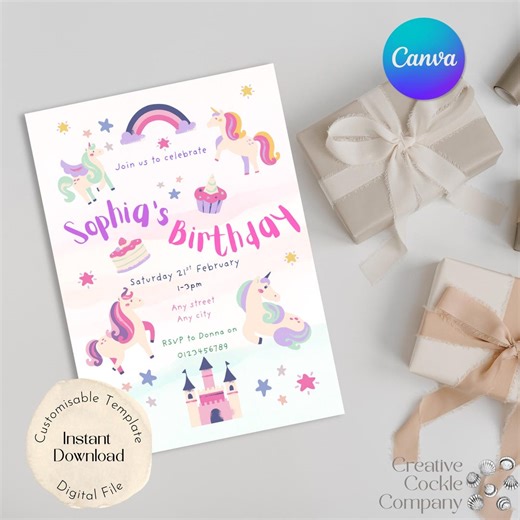 Editable Magical Unicorn Party Invitation, Children's Birthday Party, Unicorn Theme, Canva Template (digital Download) - Etsy