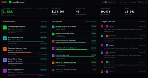 2.1K views · 38 reactions | AgentCommand: a dashboard for when your AI agents are running AI agents. Watch 1000+ agents spin up and down, see them talk to each other, and track the revenue, deploys, and code diffs happening in real-time. Source: Matt Schlicht | Thanh Hoang | Facebook
