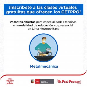 Sigue estudios técnicos en diferentes especialidades y capacítate desde casa. 📌 Recuerda seguir estos pasos para tu inscripción: 1. Comunícate con el CETPRO de tu elección y asegura tu vacante. 👉 https://bit.ly/3fxIaQ3 2. Completa el formulario de inscripción. 3. Envíalos por los canales indicados. | Ministerio de Educación del Perú