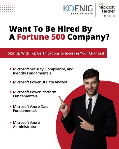 11 reactions | Wondering how to secure a job at a Fortune 500 company? Gain a competitive edge over others by skilling up in the top certifications by Microsoft! Turn to Koenig and get certified today at https://bit.ly/microsoft365withkoenig. #Koenig #KoenigSolutions #StepForwardWithKoenig #OnlineTraining #IT #InformationTechnology #ITProfessionals #Microsoft #MicrosoftAzure #Certifications #Training | Koenig Solutions Pvt. Ltd. | Facebook