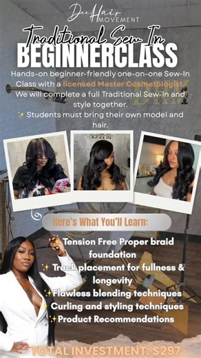 📍DMV Hairstylist | Micro Links | Weaves | Wigs | Natural Hair on Instagram: "This is a 1-on-1, hands-on traditional sew-in training designed for beginner hairstylists who want to learn the proper way to install sew-ins. You’ll be training one-on-one with me, a master hairstylist and educator, alongside your model of choice. Under my direct supervision, we will complete a full traditional sew-in from start to finish. ✨ Student must already know how to braid ✨ Hands-on, personalized instruction ✨