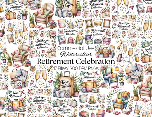 17 Retirement Celebration Clipart, Watercolor Retirement PNG, Farewell Party Decor, Travel Books Champagne Graphics, Commercial Use - Etsy
