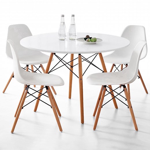5-Piece 35.5'' Round Dining Table Set for 4, Kitchen Table Chair Set of 4, Mid-Century Modern Dinette Dining Room Table Set Dinner Table for 4 W/Solid Wood Legs, White