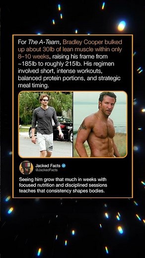For The A-Team, Bradley Cooper bulked up about 30lb of lean muscle within only 8-10 weeks